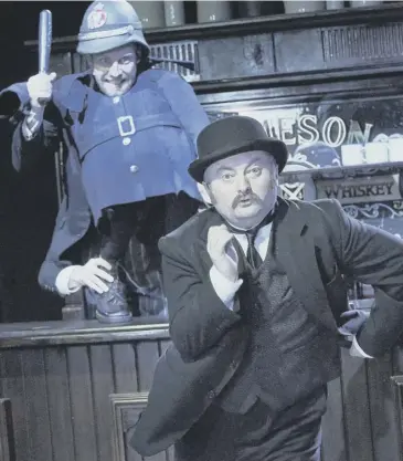  ??  ?? Donal Gallery as the Policeman and David Pearse as Leopold Bloom in James Joyce’s
Ulysses at the Abbey Theatre
