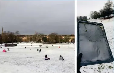  ??  ?? A baking tray proved the perfect trick for Queen’s Park in the snow