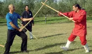  ??  ?? Il maestro Franco Gervasio della scuola “Tre armonie” di Foggia mostra alcuni movimenti dell’arte marziale Tai chi chuan