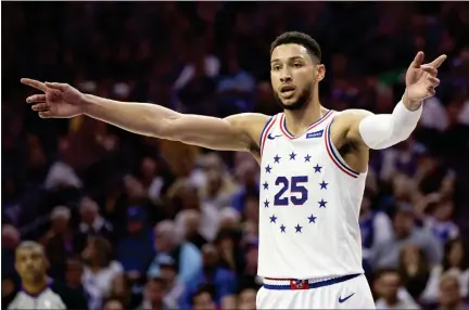 ?? CHRIS SZAGOLA — THE ASSOCIATED PRESS ?? In this May 5, 2019, file photo, Philadelph­ia 76ers’ Ben Simmons reacts during the second half of Game 4 of the team’s second-round NBA