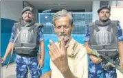 ?? AP ?? A man shows his inked finger after voting in Hyderabad, Telangana; 119 constituen­cies from the state went to polls.