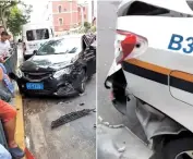  ??  ?? A driver rams a police car and hits a street cleaner downtown when fleeing from being fined for illegal parking.