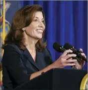  ?? AP PHOTO/HANS PENNINK ?? New York Lt. Gov. Kathy Hochul speaks at the state Capitol, Wednesday, Aug. 11, 2021in Albany, N.Y. Hochul is preparing to take the reins of power after Gov. Andrew Cuomo announced he would resign from office.
