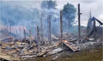  ?? — AFP photo ?? This handout taken and received courtesy of an anonymous source on Sept 18 shows the remains of burnt houses in Namg Kar village in Magwe region’s Gangaw township, as fighting continues between the Myanmar military and protesters against the military coup.