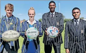  ?? ?? Seen from left are Diamantvel­d U/19 rugby captain JJ Fourie, Diamantvel­d U/19 netball captain Anliné Brunette, Boys’ High School U/19 soccer captain Keorapatse Letshabo and Boys’ High School U/19 rugby captain Kgotso Modupe. Picture: Danie van der Lith