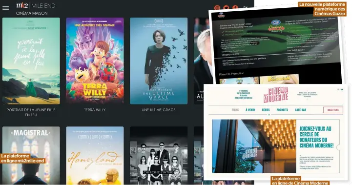  ??  ?? La plateforme en ligne mk2mile-end
La nouvelle plateforme numérique des Cinémas Guzzo
La plateforme en ligne de Cinéma Moderne