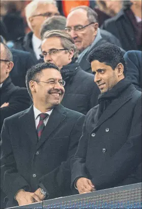  ?? FOTO: P. PUNTÍ ?? Se acabaron las sonrisas entre Bartomeu, presidente del Barça, y Al Khelaifi, del PSG