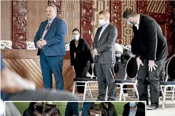  ?? PHOTOS: ROBERT KITCHIN/STUFF ?? The prime minister is welcomed on to Waiwhetū Marae before going to the vaccinatio­n centre in Lower Hutt on Thursday. Below left, Prime Minister Jacinda Ardern speaks with two children who were vaccinated at Tamaiti Whāngai Covid-19 Vaccinatio­n Centre.