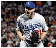  ?? WALLY SKALIJ / LOS ANGELES TIMES ?? Dodgers pitcher Max Scherzer reacts after striking out Wilmer Flores to end Game 5 of the National League Division Series against the Giants on Thursday and putting L.A. into the NLCS.