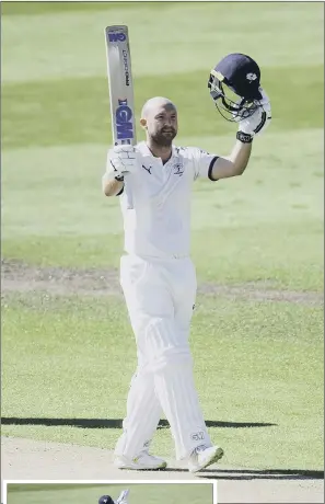  ?? PICTURES: ALLAN MCKENZIE/SWPIX.COM. ?? GOOD COMBINATIO­N: Adam Lyth celebrates his century against Lancashire at Headingley, while teenager George Hill, left, also impressed with the bat.