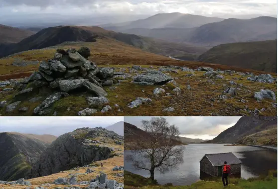  ?? ?? [Captions clockwise from top] Descending Carnedd Llewelyn towards Pen yr Helgi Du; Llyn Ogwen; Walking the ridge to Pen yr Helgi Du