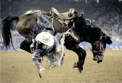  ?? Jon Shapley / Staff photograph­er ?? Saddle bronc riders like Wyatt Casper are the real stars of the Houston Livestock Show and Rodeo.