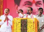  ?? PTI ?? TRS president and caretaker chief minister K. Chandrashe­kar Rao addresses a public meeting in Sangareddy yesterday.