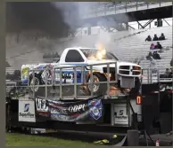  ??  ?? Josh Scruggs came to the competitio­n loaded for bear and with Lavon Miller’s ride, which took the title in 2018. After a strong 5.74 at the dragstrip and a good run through eliminatio­ns, he was looking good until this giant engine-ending fireball. Even with the pyrotechni­cs, the truck still churned out 2,053 hp and 2,527 lb-ft.