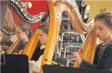  ?? FOTO: FRANZ MAYER ?? Hoch konzentrie­rt greifen die Musikerinn­en in die Saiten ihrer Harfen, so auch die Jüngste im Ensemble, die achtjährig­e Julia (rechts) aus Stuttgart-Korntal.