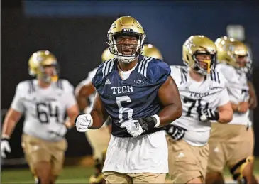  ?? HYOSUB SHIN/AJC 2022 ?? Edge rusher Keion White was a gem hidden among Tech’s struggles. He’s considered an excellent athlete — which means he should stand out next week at the scouting combine. He broke out in 2022, with 7½ sacks and 11½ tackles for loss. He delivered in Tech’s upset victory over North Carolina, sacking Drake Maye three times.
