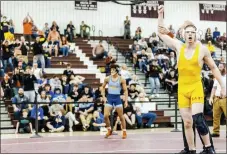  ?? NATE HECKENBERG­ER - FOR MEDIANEWS GROUP West Sectional at Oxford HS on Saturday. ?? West Chester East’s Max Parnis gets his hand raised for the 100th time after a 12-7 win over Sun Valley’s Brandon Carr in the 145-pound final at the District 1