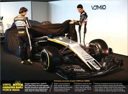  ?? FOTO: FORCE INDIA - GRAFIS: HERLAMBANG/JAWA POS ?? PERTAHANKA­N PERFORMA: Pembalap Force India Sergio Perez (kiri) dan Esteban Ocon membuka selubung VJM10 saat peluncuran mobil baru di Silverston­e, Inggris, kemarin WIB.