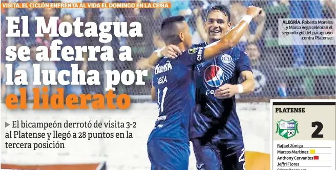  ??  ?? ALEGRÍA. Roberto Moreira y Marco Vega celebran el segundo gol del paraguayo contra Platense. (63) GOL 72