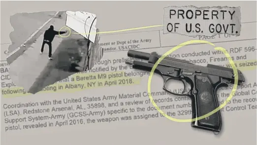  ?? AP ?? This illustrati­on shows a stolen military pistol tied to four shootings in Albany, New York, an investigat­ive document and surveillan­ce video of one of the shootings.