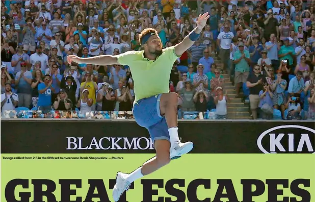  ?? Reuters ?? tsonga rallied from 2-5 in the fifth set to overcome Denis shapovalov. —