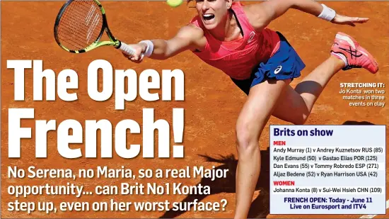  ??  ?? STRETCHING IT: Jo Konta won two matches in three events on clay