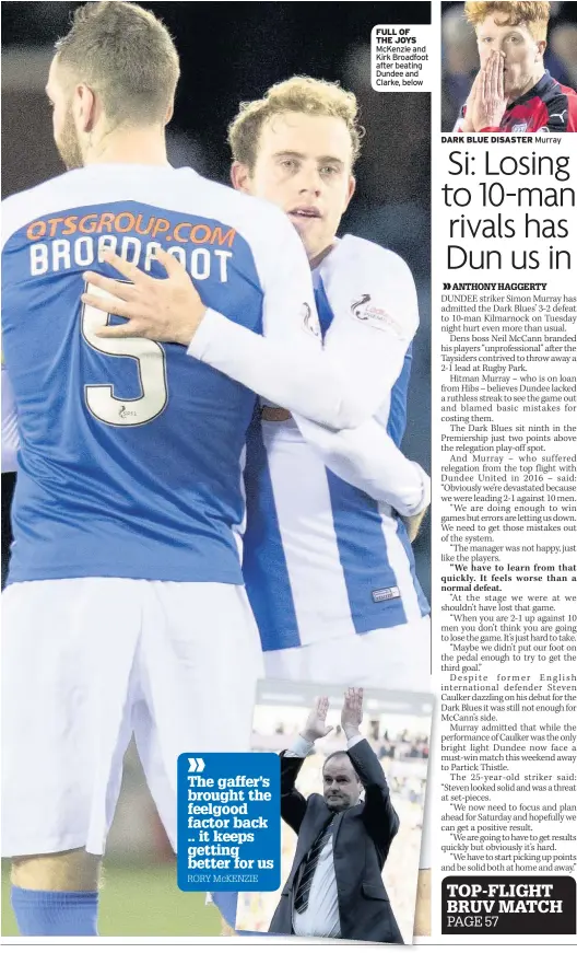  ??  ?? FULL OF THE JOYS McKenzie and Kirk Broadfoot after beating Dundee and Clarke, below DARK BLUE DISASTER Murray