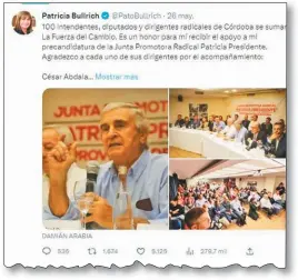  ?? ?? APOYO RADICAL. Bullrich agradeció por Twitter.