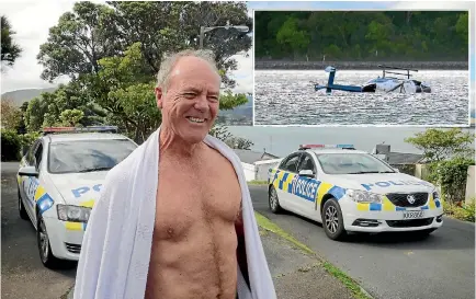  ?? PHOTO: CAMERON BURNELL/FAIRFAX NZ ?? Pilot Rick Lucas explains how he escaped unharmed after crashing his helicopter into the Pauatahanu­i Inlet, north of Wellington, yesterday. Inset: The BK117 helicopter in the Pauatahanu­i Inlet.