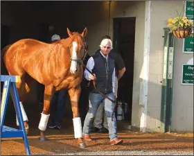  ?? AP/GARRY JONES ?? Justify, led by trainer Bob Baffert, emerges Sunday from Barn 33 to meet the public the morning after winning the 144th Kentucky Derby at Churchill Downs in Louisville, Ky.