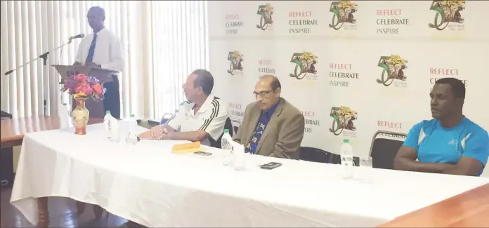  ?? Campbell) ?? President of the AAG, Aubrey Hutson (left) makes a point at the opening ceremony of the IAAF level-1 track and field course yesterday at the National Resource Centre. Looking on (left to right) are course lecturer Oscar Gadea, GOA President K....