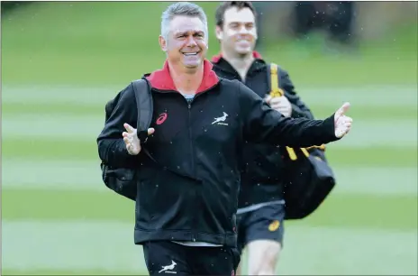  ?? Picture: PAUL HARDING, AP ?? STRESSED? NOT ME! Springbok coach Heyneke Meyer smiles as he arrives for a Springbok training session at Eastbourne College yesterday.