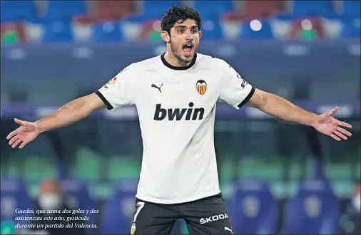  ??  ?? Guedes, que suma dos goles y dos asistencia­s este año, gesticula durante un partido del Valencia.