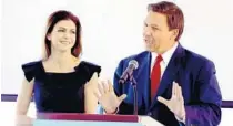  ?? BURBANK/ORLANDO SENTINEL ?? Gov. Ron DeSantis introduces Florida first lady Casey DeSantis during a news conference announcing the Resiliency Florida initiative at the Amway Center in Orlando on Friday.JOE