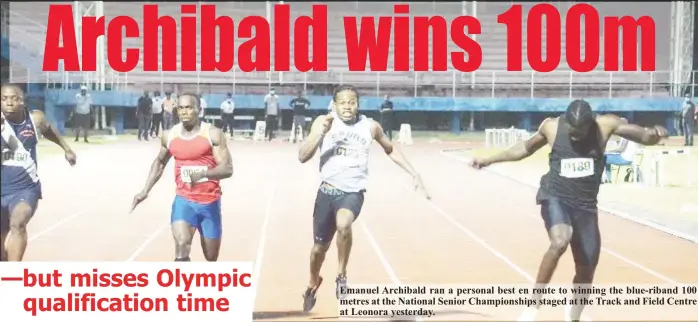  ??  ?? Emanuel Archibald ran a personal best en route to winning the blue-riband 100 metres at the National Senior Championsh­ips staged at the Track and Field Centre at Leonora yesterday.