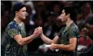  ?? Christophe Archambaul­t/AFP/Getty Images ?? Carlos Alcaraz (right) shakes hands with Holger Rune after retiring from their match during the second-set tie-break. Photograph: