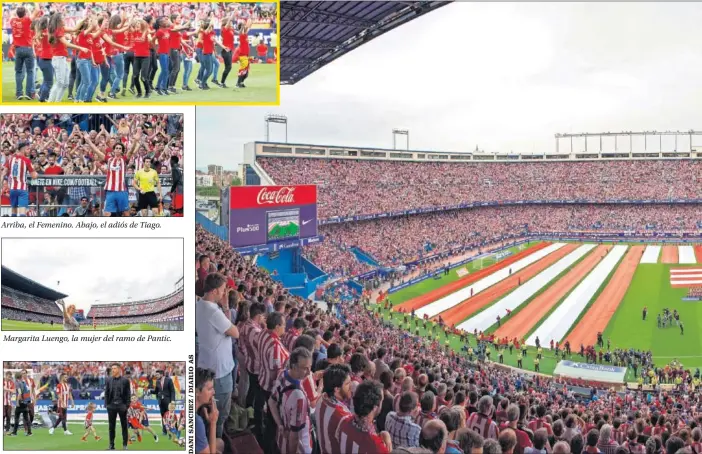  ??  ?? Arriba, el Femenino. Abajo, el adiós de Tiago. Margarita Luengo, la mujer del ramo de Pantic. Simeone. De fondo, sus jugadores con sus hijos. LA ÚLTIMA FOTO. Cuando terminó el partido, nadie se movió del Calderón, comenzaba la fiesta que el club había...