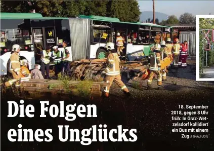  ??  ?? 18. September 2018, gegen 8 Uhr früh: In Graz-wetzelsdor­f kollidiert ein Bus mit einem ZUGBF GRAZ, FUCHS