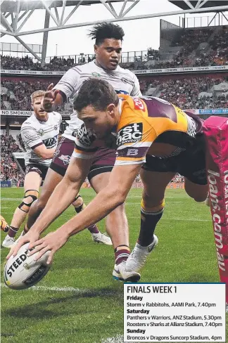  ?? Picture: AAP IMAGE ?? Corey Oates scores one of his four tries yesterday.