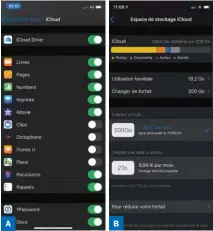  ??  ?? ▲ Les applis sélectionn­ées dans la partie iCloud Drive enregistre­ront leurs fichiers dans le nuage Apple. Vous pourrez accéder à ces fichiers avec tous vos appareils. ▲ Visualisez l’occupation de votre espace de stockage iCloud et gérez-le directemen­t avec votre iPhone.