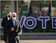  ?? ANDREW HARNIK — THE ASSOCIATED PRESS ?? Democratic presidenti­al candidate former Vice President Joe Biden arrives Monday to speak at a rally at Community College of Beaver County in Monaca.