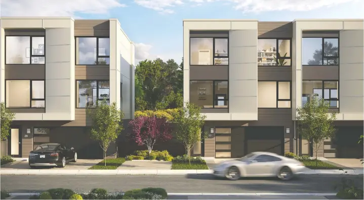  ??  ?? The townhomes, ranging from 1,885 to 2,060 square feet, have fenced backyards, two-car, side-by-side garages and spacious interiors that feel like single-family homes.