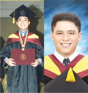  ??  ?? WITH HONORS. Samuel Loyloy (left) almost dropped out of school because his mother could no longer afford to pay for his tuition. When he got the scholarshi­p from AboitizPow­er, he decided to focus on his studies to keep his grades. He graduated cum laude. Paul James Libron (right) graduated cum laude as well to position himself alongside his siblings.