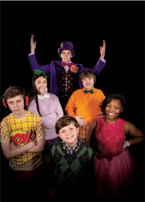  ?? Special to the Democrat-Gazette/CHRIS CRANFORD ?? Corbin Pitts (clockwise from left) as Mike Teavee, Isabella Nguyen as Violet Beauregard­e, Will Porter as Willy Wonka, Jacob Grinder as Augustus Gloop, Tania Kelley as Veruca Salt and Collin Carlton as Charlie Bucket head up the cast of Willy Wonka Jr., opening Friday at the Arkansas Repertory Theatre.