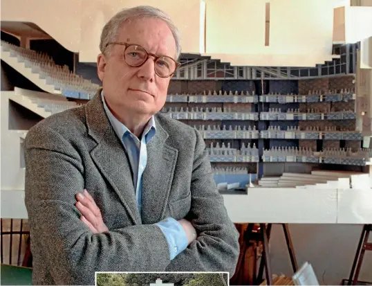  ?? AP ?? Robert Venturi in 1991, in front of a model for Philadelph­ia’s new orchestra hall and, inset, the Vanna Venturi House he built for his mother.