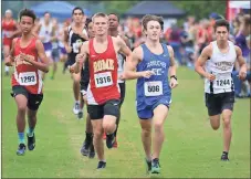  ?? Jeremy Stewart / Rome News-Tribune ?? Rome High’s Gary Jones (from left) and Sam Pierce keep pace with Armuchee’s Chaney Holder and Pepperell’s Omar Maldonado in the early part of the Rome All Area Championsh­ips on Saturday at Georgia Highlands College.