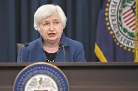  ?? Andrew Harrer / Bloomberg ?? Federal Reserve Chairwoman Janet Yellen speaks at a news conference after the Federal Open Market Committee meeting in Washington.