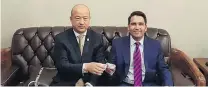  ??  ?? An image released yesterday by JamiLee Ross showing National leader Simon Bridges with Chinese businessma­n Yikun Zhang.