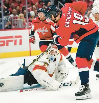  ?? ALEX BRANDON/ AP ?? Capitals center Nicklas Backstrom has his shot blocked by Panthers goaltender Sergei Bobrovsky on Saturday during the first period of Game 3 of their first-round playoff series.