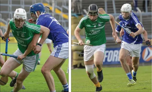  ??  ?? Pádraig Doyle of Naomh Eanna tries to evade Shane Reck. Eoin Molloy of Naomh Eanna bursts out of defence as Ciarán Hourihane gives ch